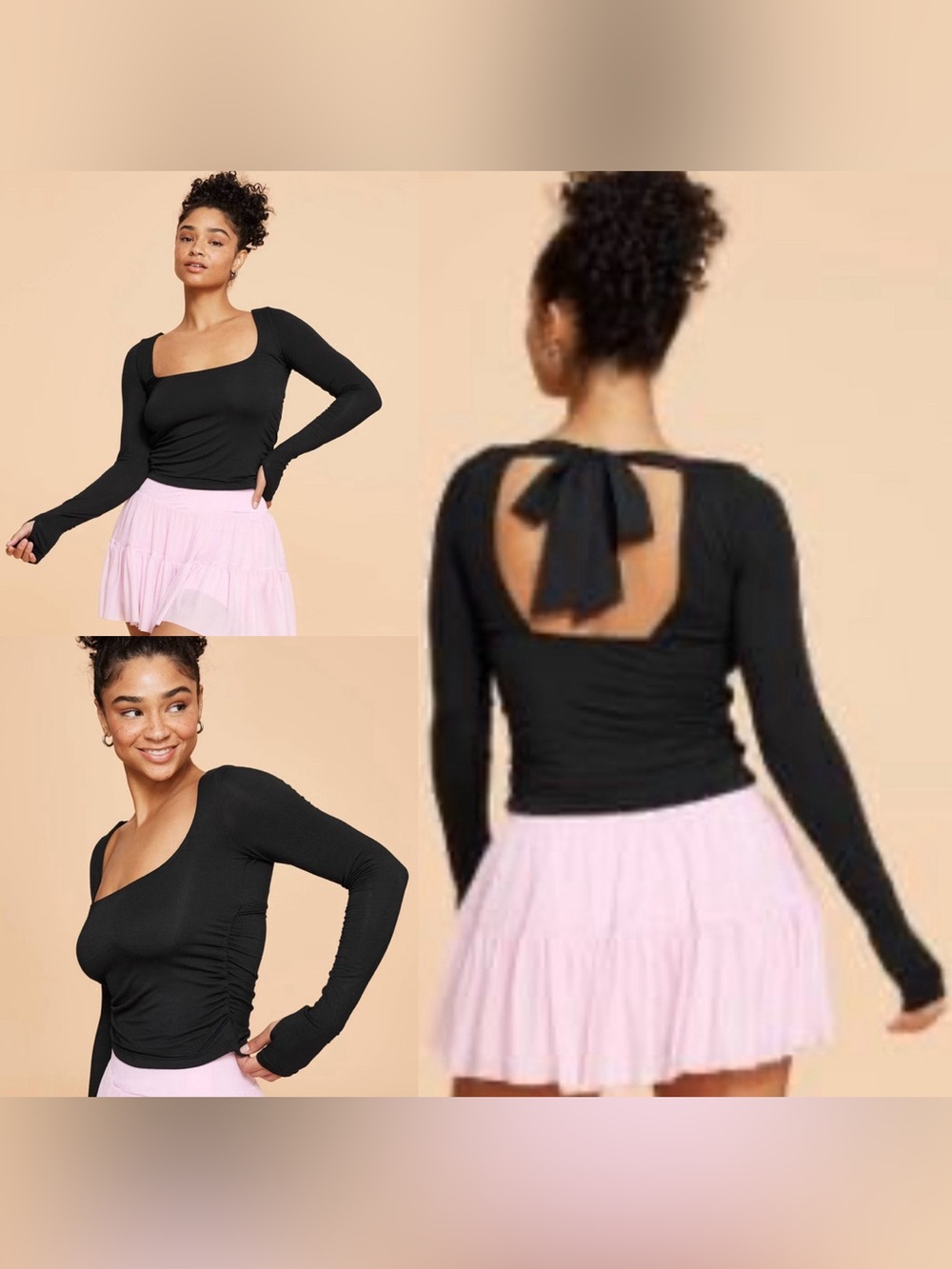 Blogilates Women's Love Story Long Sleeve Tie Bow Back Top Black